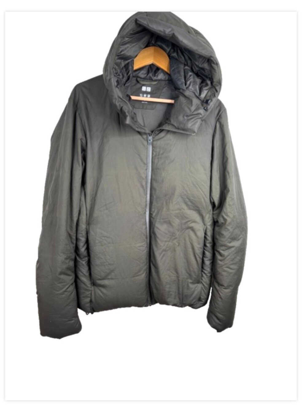 Uniqlo Mens Down Parka Jacket M Olive Green Windproof Hooded Full Zip Minimalist